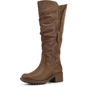 Women's Brown Mysoft Knee High Boots Chunky Heel Lug Sole Side Zipper 2 Inch